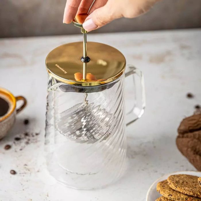 Infuzor cafea, ceai cu piston, auriu, sticla, 1L, Klausberg