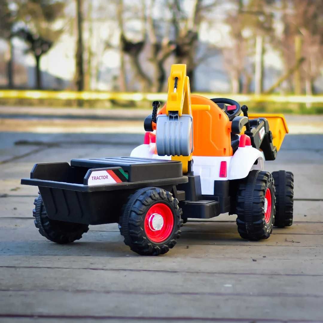Tractoras electric pt copii remorca, incarcator frontal si cupa spate