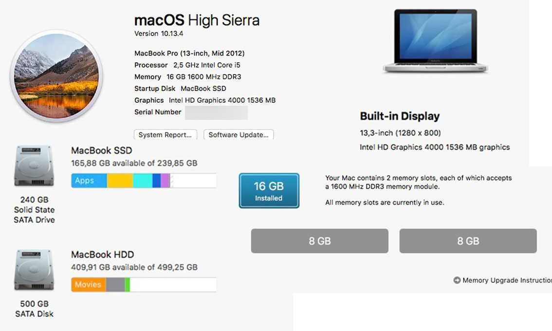 Apple MacBook Pro 13 mid 2012 16 gb, 240 ssd + 500 hdd impecabil CUTIE