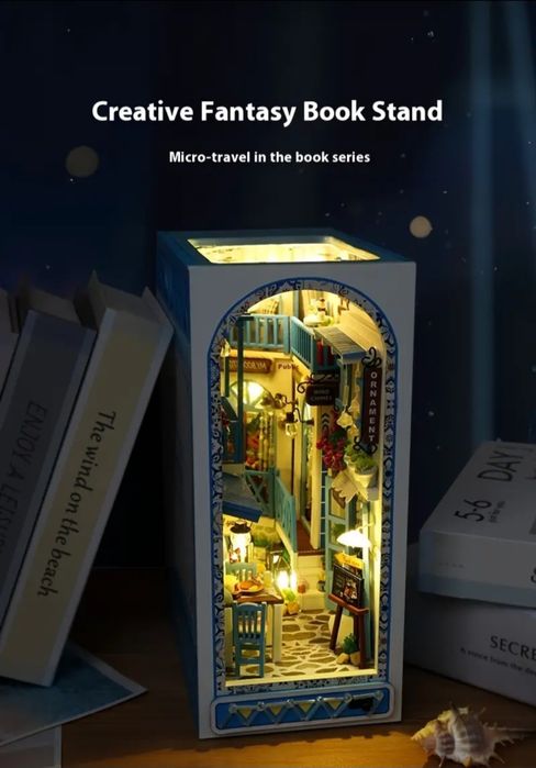 DIY Book Nook 3D дървен пъзел/ къща миниатюра с LED светлини / книгора