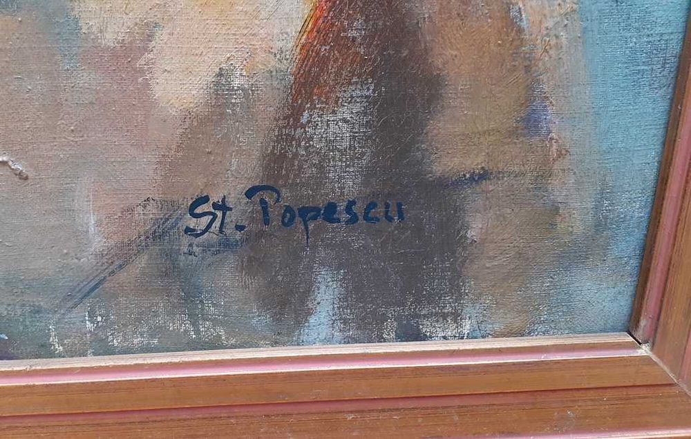 Tablou vechi - flori si carte - semnat St. Popescu