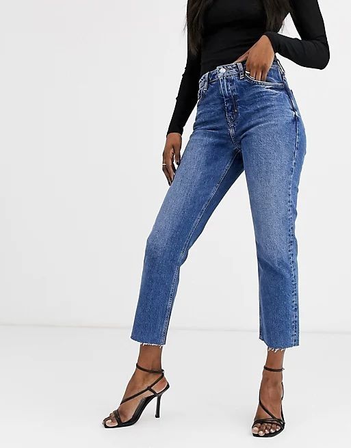 Дънки S/M 38 висока талия прави скъсен крачол сини mid wash blue jeans