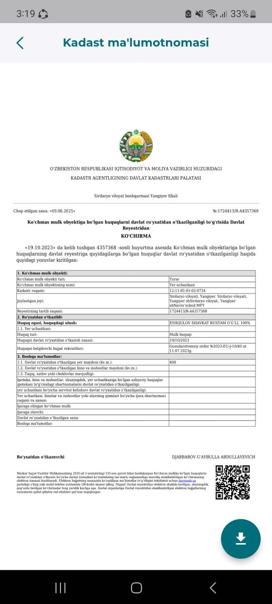 Navrózobodda 4 sotix uchaska sotiladi 3000 dollar hujjatida muammo yo