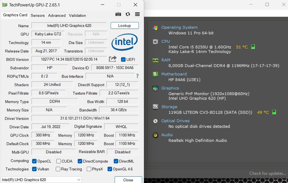 Laptop HP i5 8250u up to 3,4Ghz, 8GB, 128GB, UHD 620, W11 Office 2024