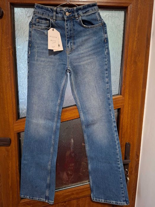 Blugi noi cu etichetă, albastru clasic, bumbac, talie înaltă, mărime S