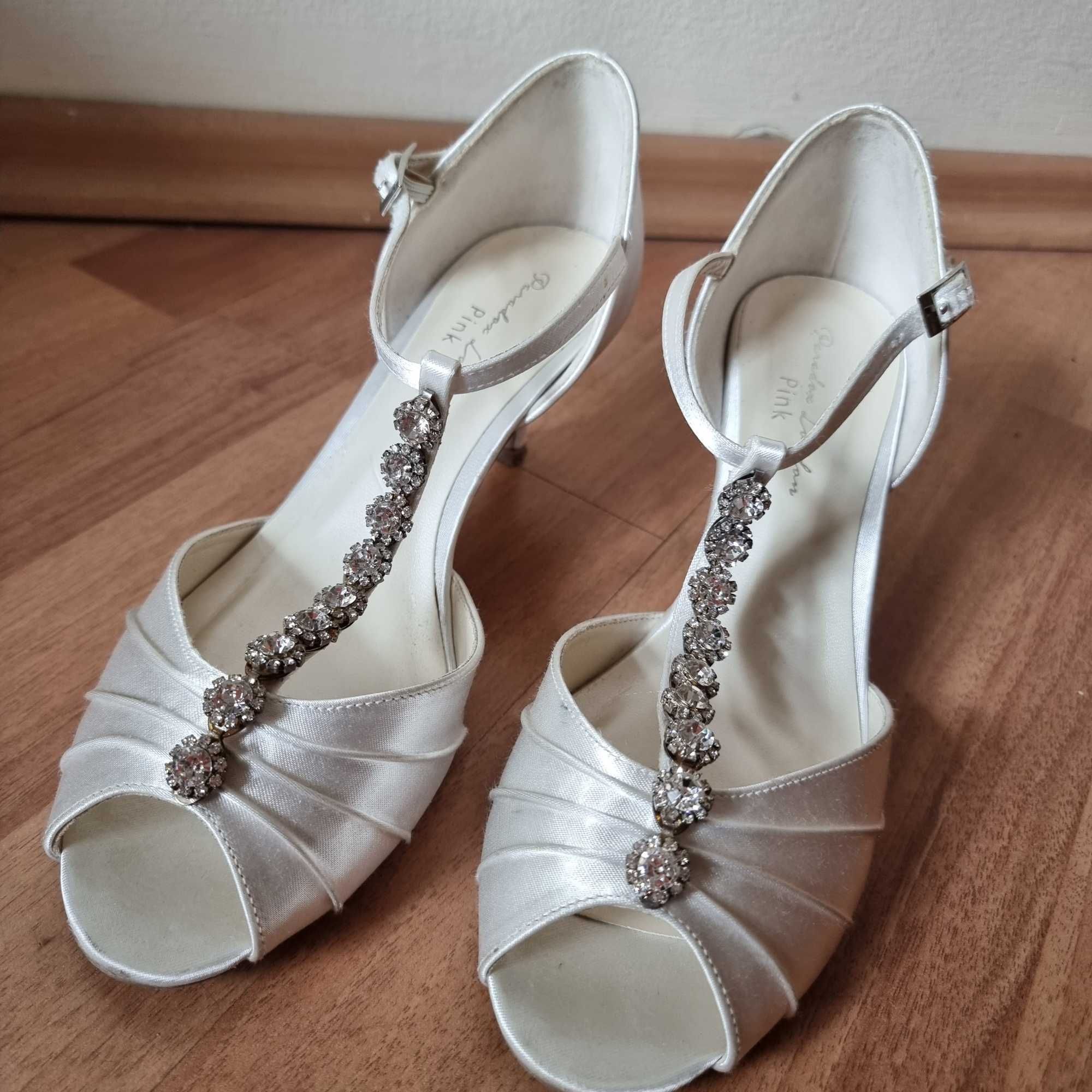 Булчински обувки на ток от сатен, размер 37 (бели сватбени сандали)