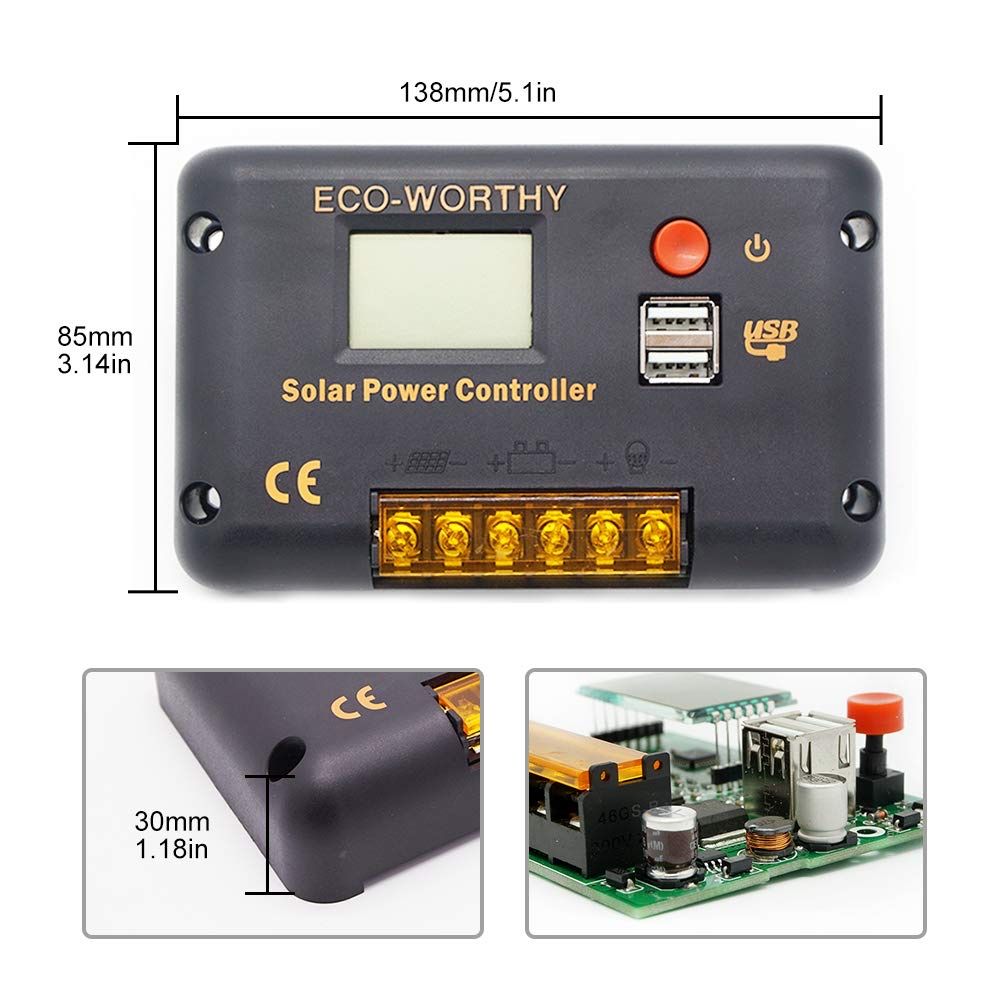 ECO-WORTHY 30A PWM Соларен Смарт Контролер за зареждане 12/24V