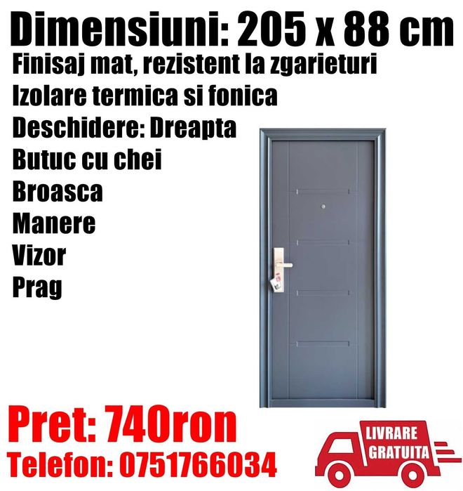Usa Intrare Metalica Dreapta Antracit Apartament Birou SQ 205x88cm BC