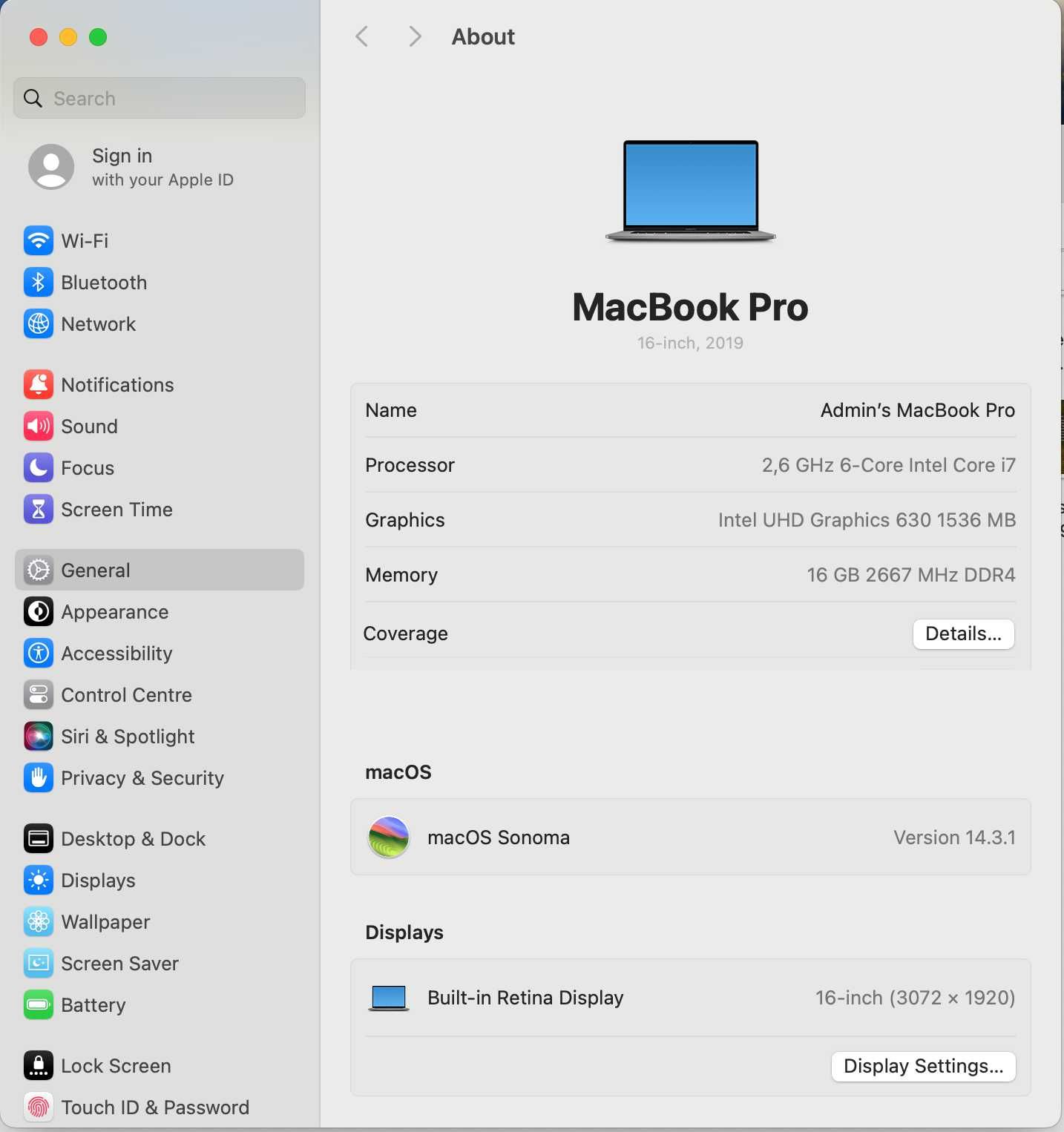 MacBook Pro 16", Model 2019 (A2141), CPU Intel i7, 16GB RAM, 512GB SSD