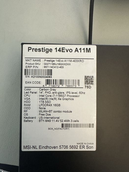 Laptop MSI Prestige 14 EVO i7-1185G7, 16GB, 1TB SSD, FHD