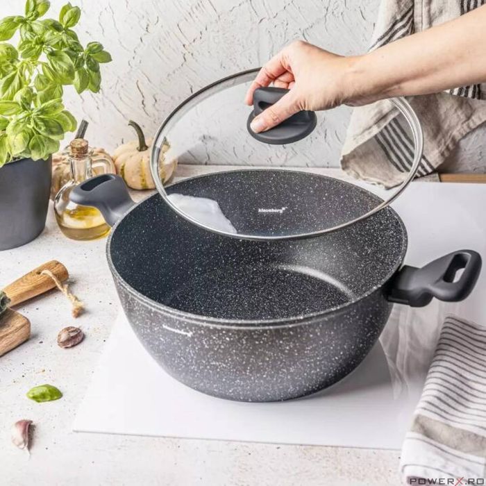 Oala cu capac, aluminiu turnat, marmorata, neagra, 28cm, 5.71l,