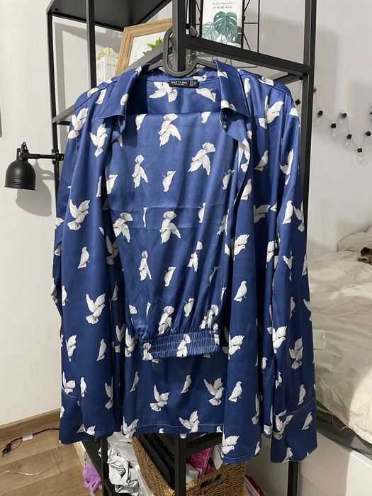 Set pijama satin costum albastru regal imprimeu