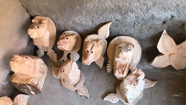 Sculptura lemn masiv - CAP de jaguar, urs, lup, leu