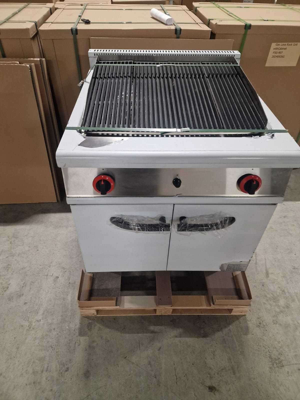 Gratar,Grill gaz cu roca vulcanica si placa striata si suport inchis