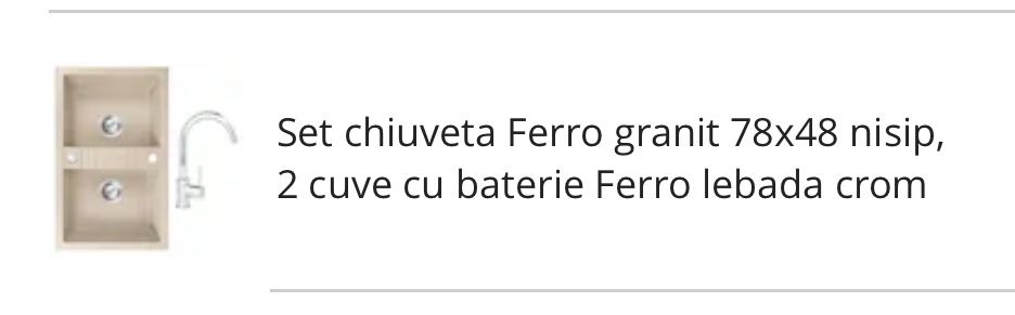 Vand chiuveta bucatarie + baterie Ferro 2 cuve