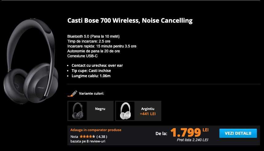 Casti Bose 700 - Noise Cancelling + Set bureti noi cadou