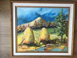 Tablou,pictura in ulei pe panza,peisaj rural,semnat