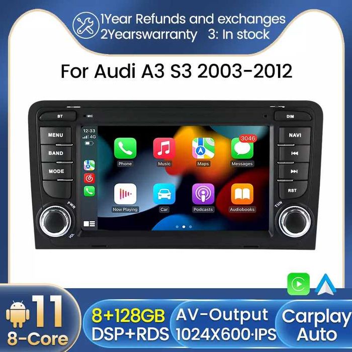 Navigatie Android 14 AUDI A3 Carplay Waze Youtube 1/8 GB + CAMERA