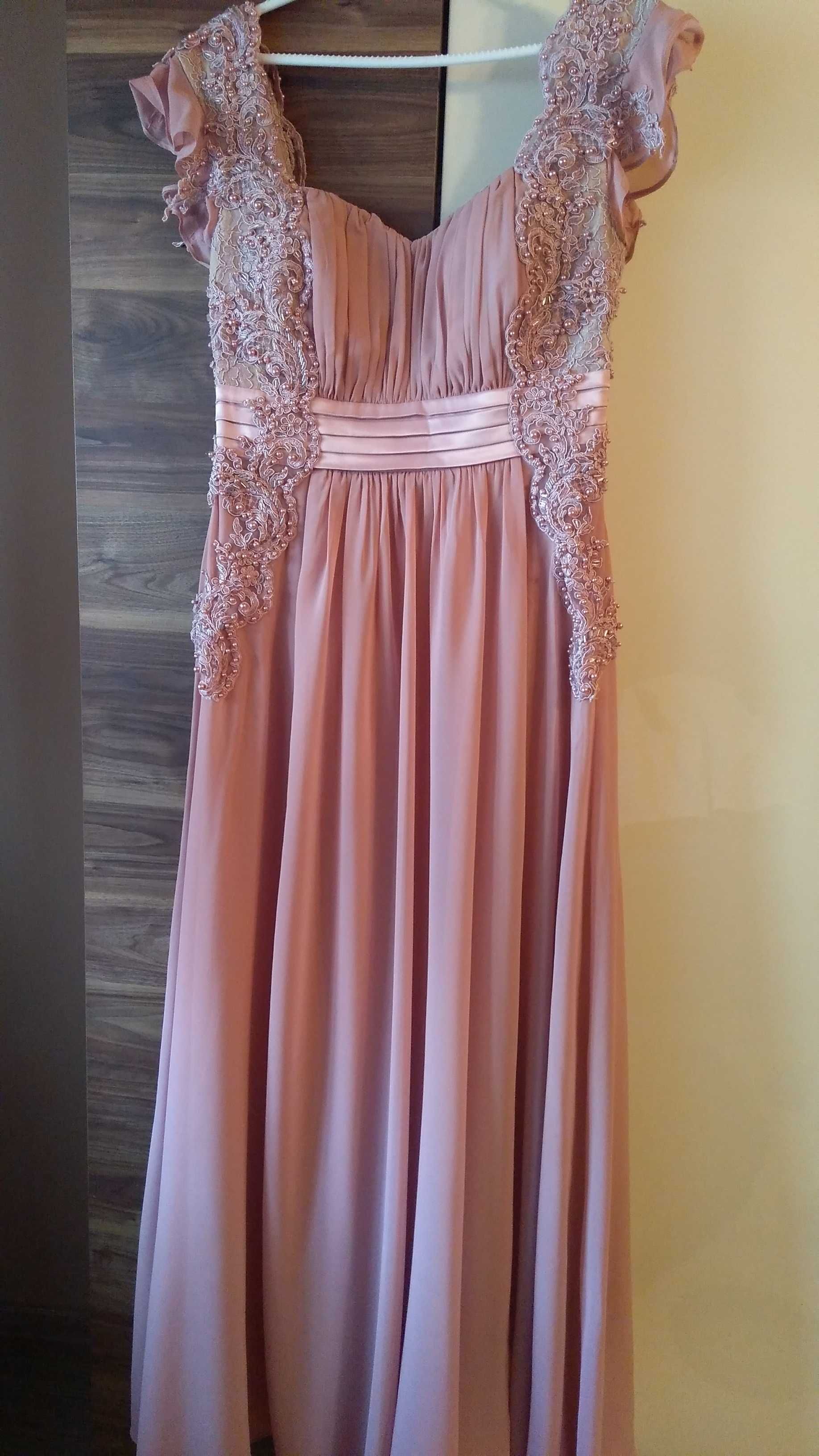 Rochie eleganta cu mărgele, m. 42, culoare roz pudrat