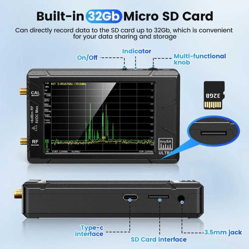 Спектрален анализатор обхват 100kHz до 5.3GHz, карта с памет 32GB