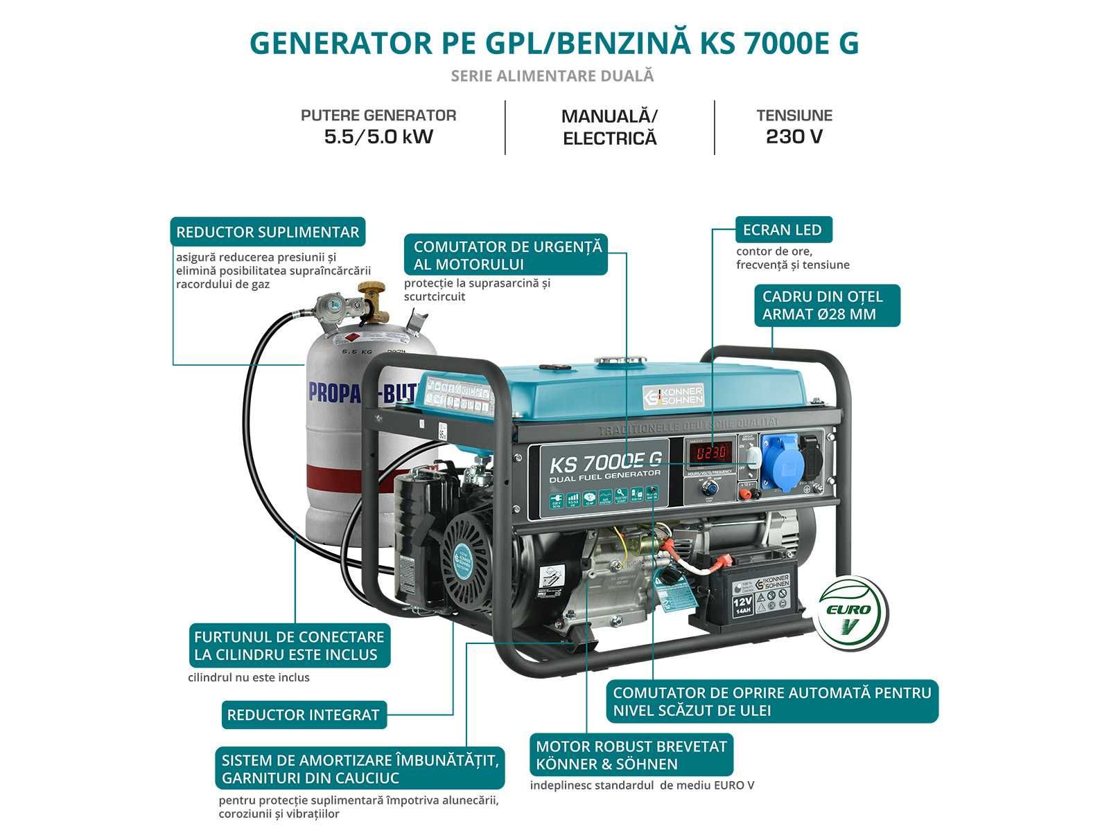 Generator de curent hibrid GPL/benzina 230V 5,5 kW Konner KS 7000E G