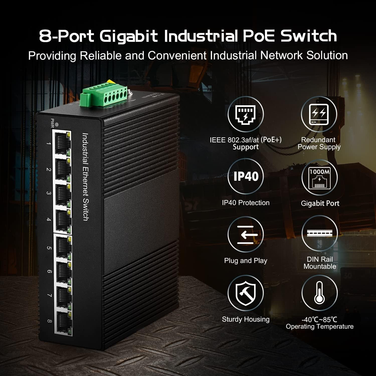 Индустриален PoE суич, 8 Gigabit порта, DIN шина, адаптер 48V 96W