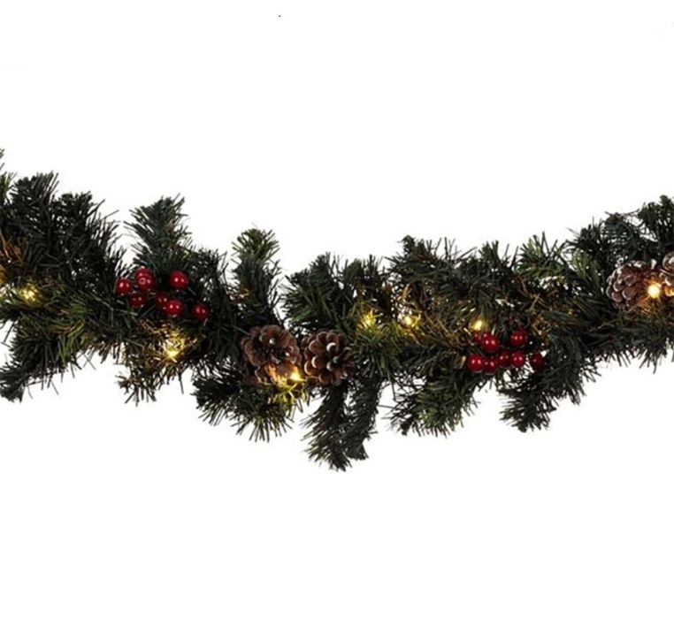 Коледен гирлянд, Елхови клонки, Горски плодове, Шишарки, LED, 2.7 м