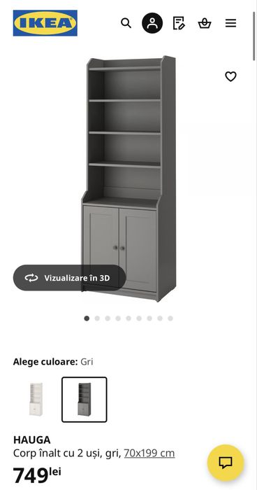 Biblioteca HAUGA corp inalt 2 usi gri 70x199 cm