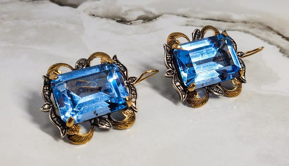 Set de bijuterii vintage din aur de 14K cu Aquamarin și Diamante