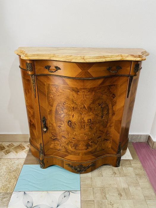 Comoda Lemn Masiv Bronz Intarsie Marmura Vintage