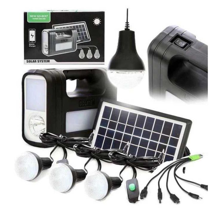 Kit solar GD-Lite 8017 dotat cu 3 becuri LED si acumulator.NOU!SIGILAT