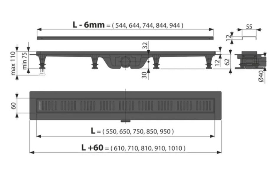 Линеен сифон с клапа 550мм Черен Мат - Alcaplast APZ10