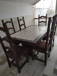 Трапезна маса, масив + 6 тапицирани стола, ръчна изработка, Мексико