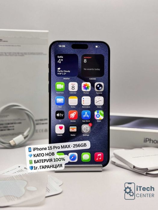 iPhone 15 Pro MAX, Blue, 256GB, 100% батерия, КАТО НОВ, 1г. ГАРАНЦИЯ!
