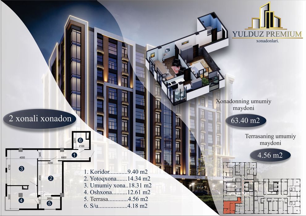 Трёхкомнатная квартира в жилом комплексе YULDUZ premium