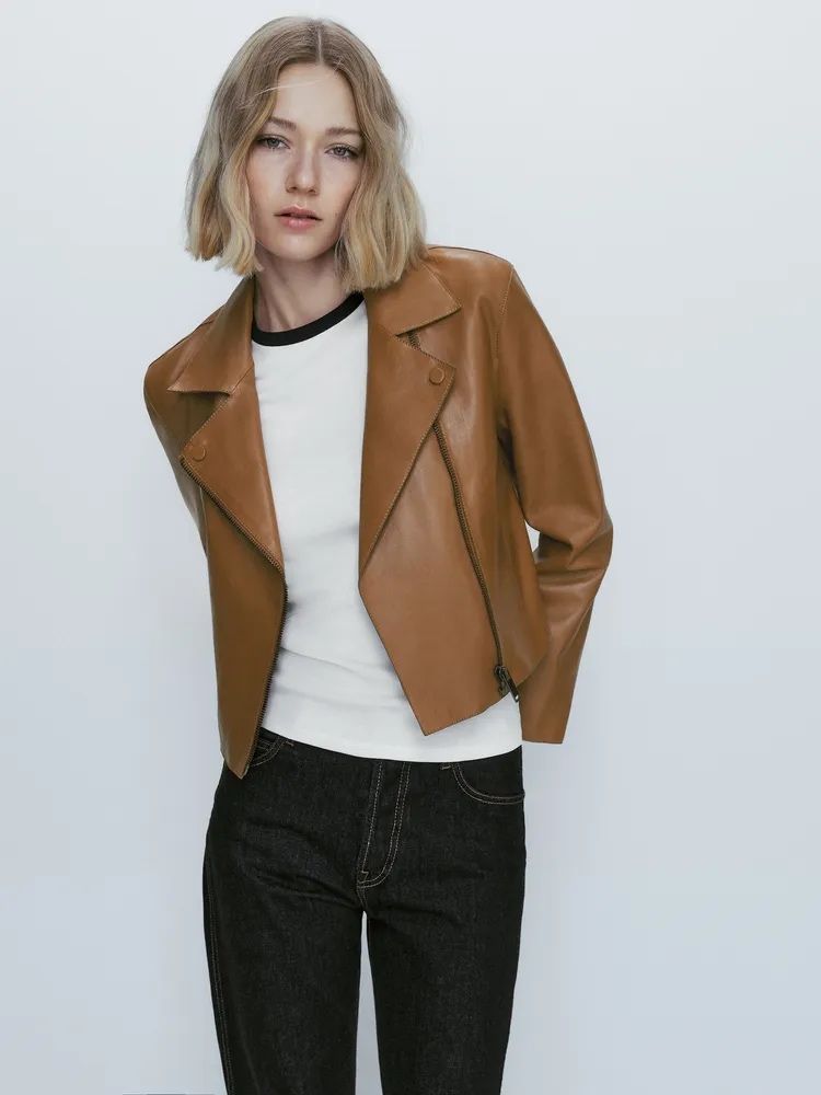 Jacheta dama geaca biker piele naturala maro Massimo Dutti