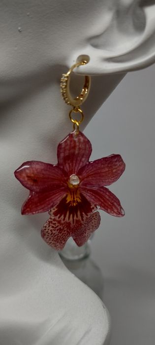 Обеци с естествен цвят на мини орхидея Miltonia.  Цветче с размери 5/4