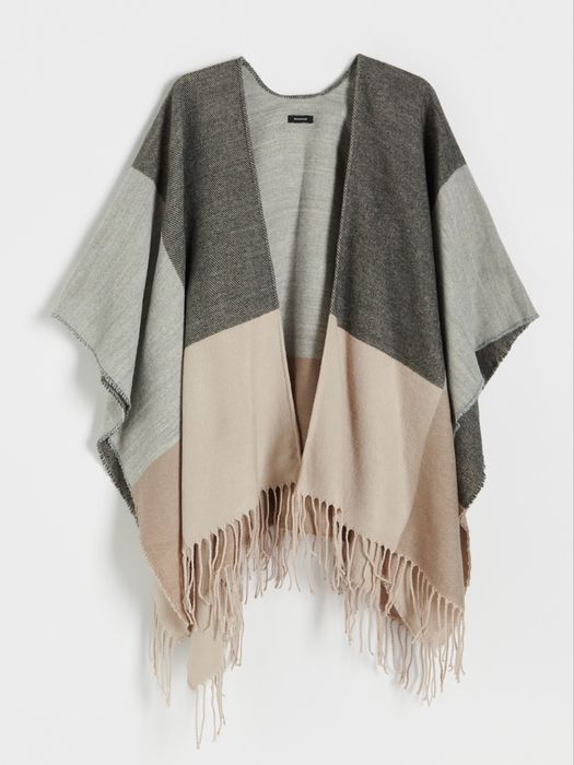 Poncho NOU gri/bej cu franjuri - Reserved