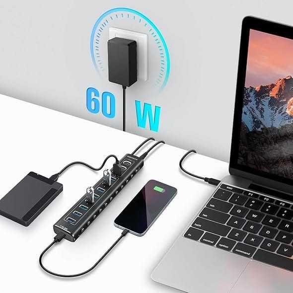 Hub USB 3.2 RSHTECH alimentat la 60W, Hub USBC cu 11 porturi