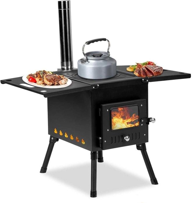 Încălzitor cu plită pe lemne din oțel – sobă camping cu burlan de cort