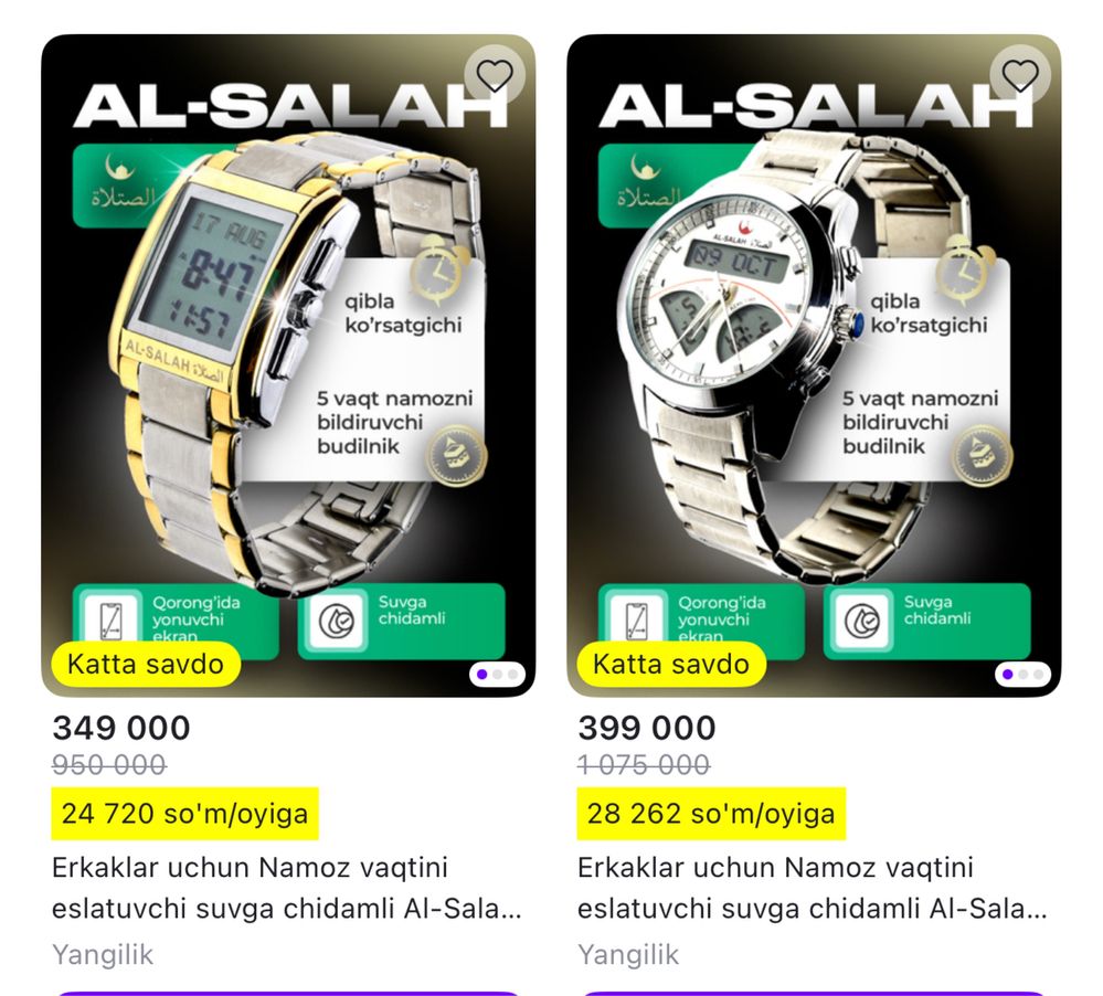 Uzum marketda 500yuz min 450min so’ m sotilgan Al salah soatlar aksiya