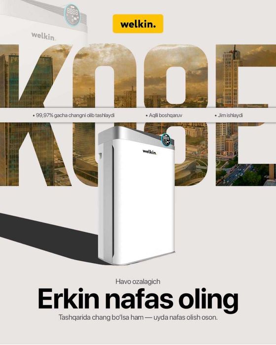 Havo tozalagich + Namlagich Welkin K-08E ishlashi 60 m2 gacha / Wi-Fi
