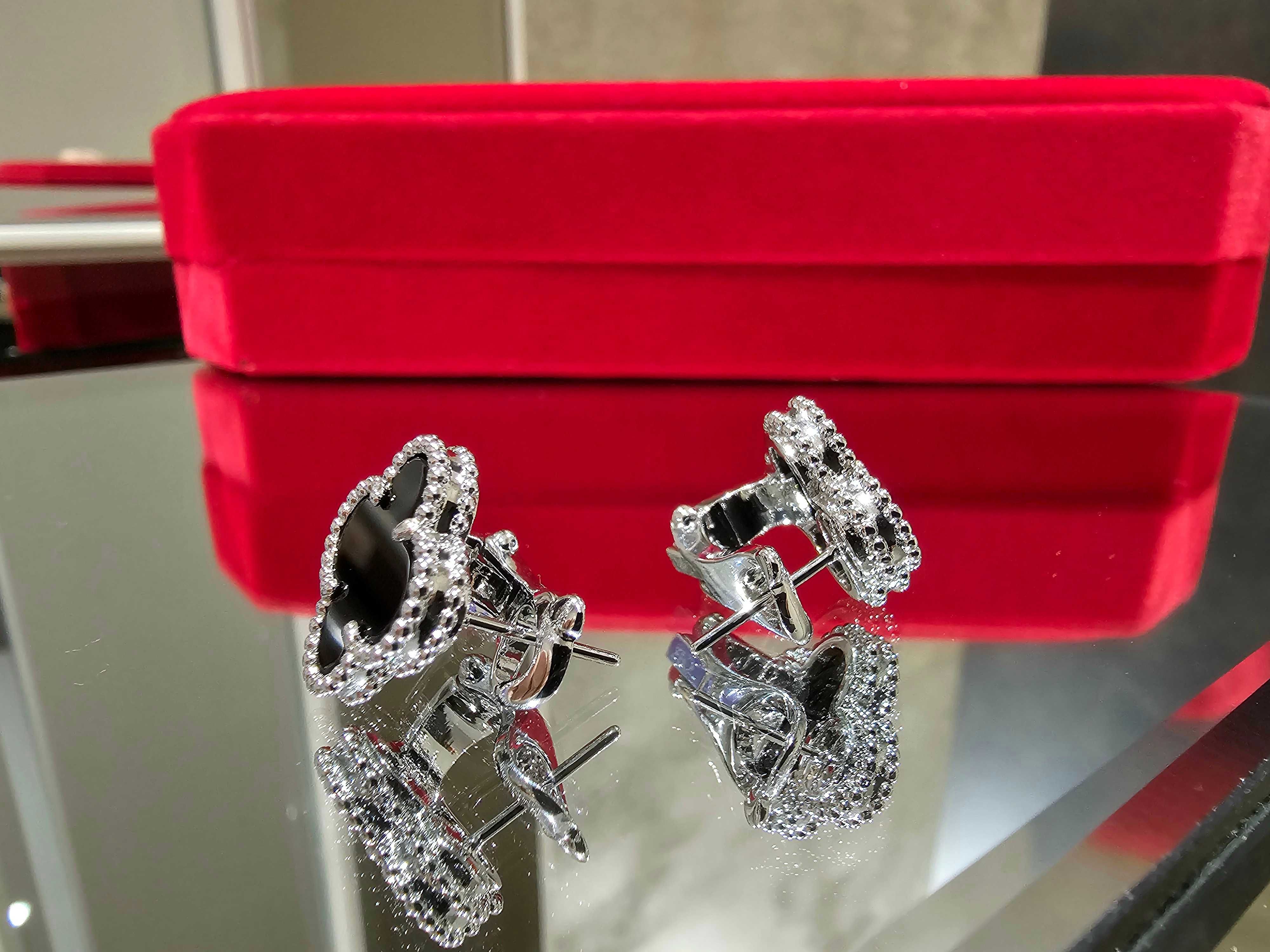 Van Cleef & Arpels VCA Silver Black Onyx Alhambra Clover Дамски Обеци