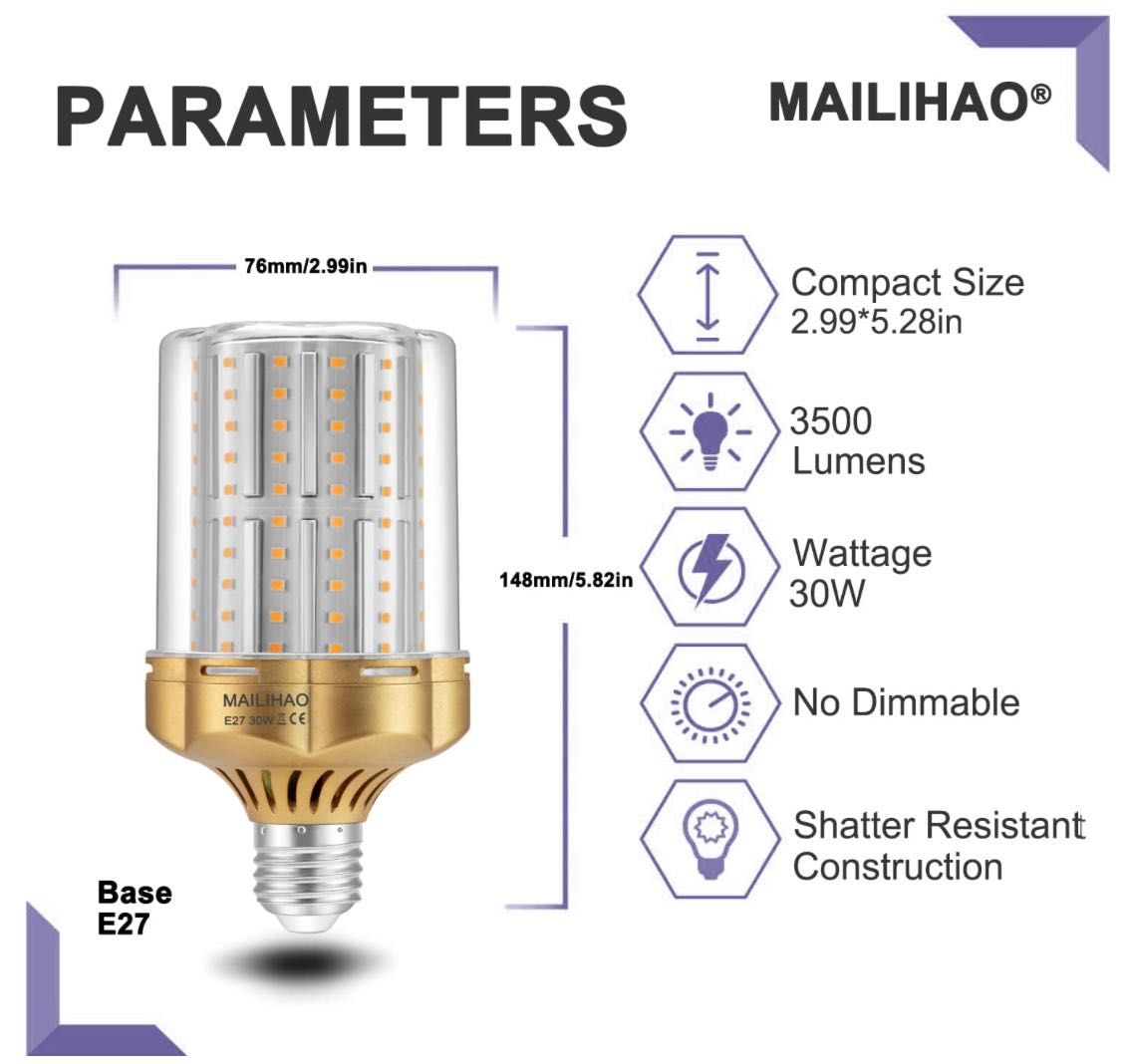 Супер ярка E27 LED Крушка 30W (250W) Топло Бяло 3000K 3500LM 2бр