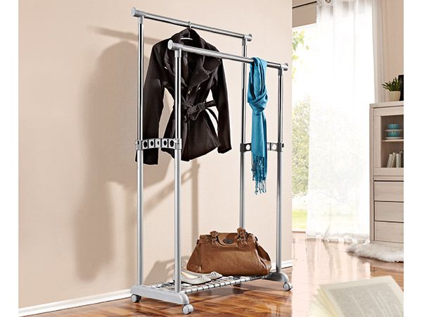 Двоен щендер за дрехи с рафт и регулируема височина