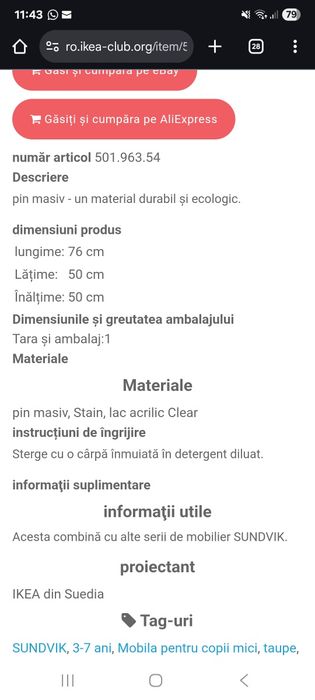 Masuta copii ikea 76x50 cm