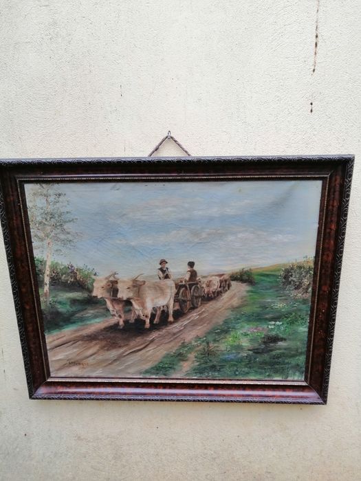 Tablou pictat manual pe pânză florar car cu boi nud