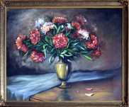 Tablou Vintage Cu Bujori - Ulei Pe Pânză Cu Ramă Originală 61x73 cm