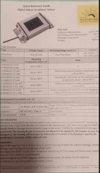 Senzor iradiatie si temperatura panouri fotovoltaice Si-RS485TC-T-TM