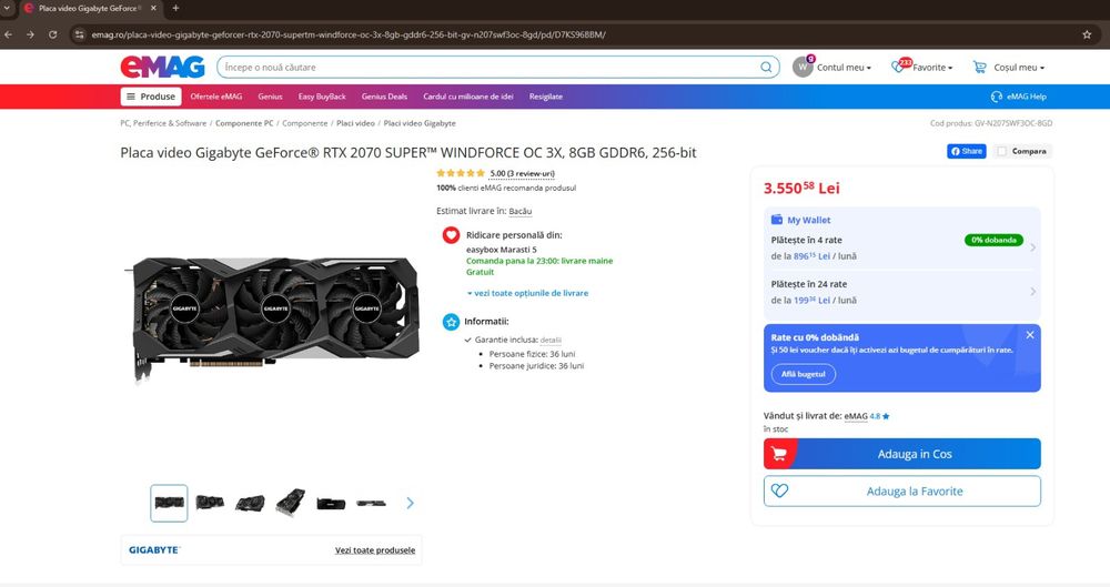Placa video Gigabyte GeForce RTX 2070 SUPEr WINDFORCE OC 3X, 8GB GDD